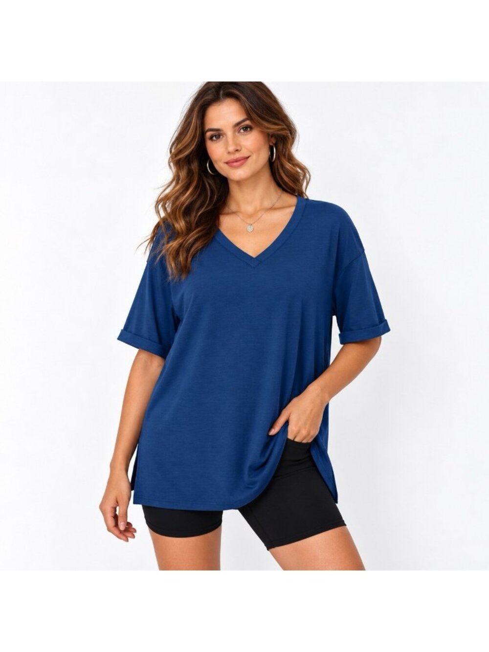 Oversized Blue V-Neck Long Sleeve Top 2XL Trendy Queen Relaxed Fit - Picture 1 of 8